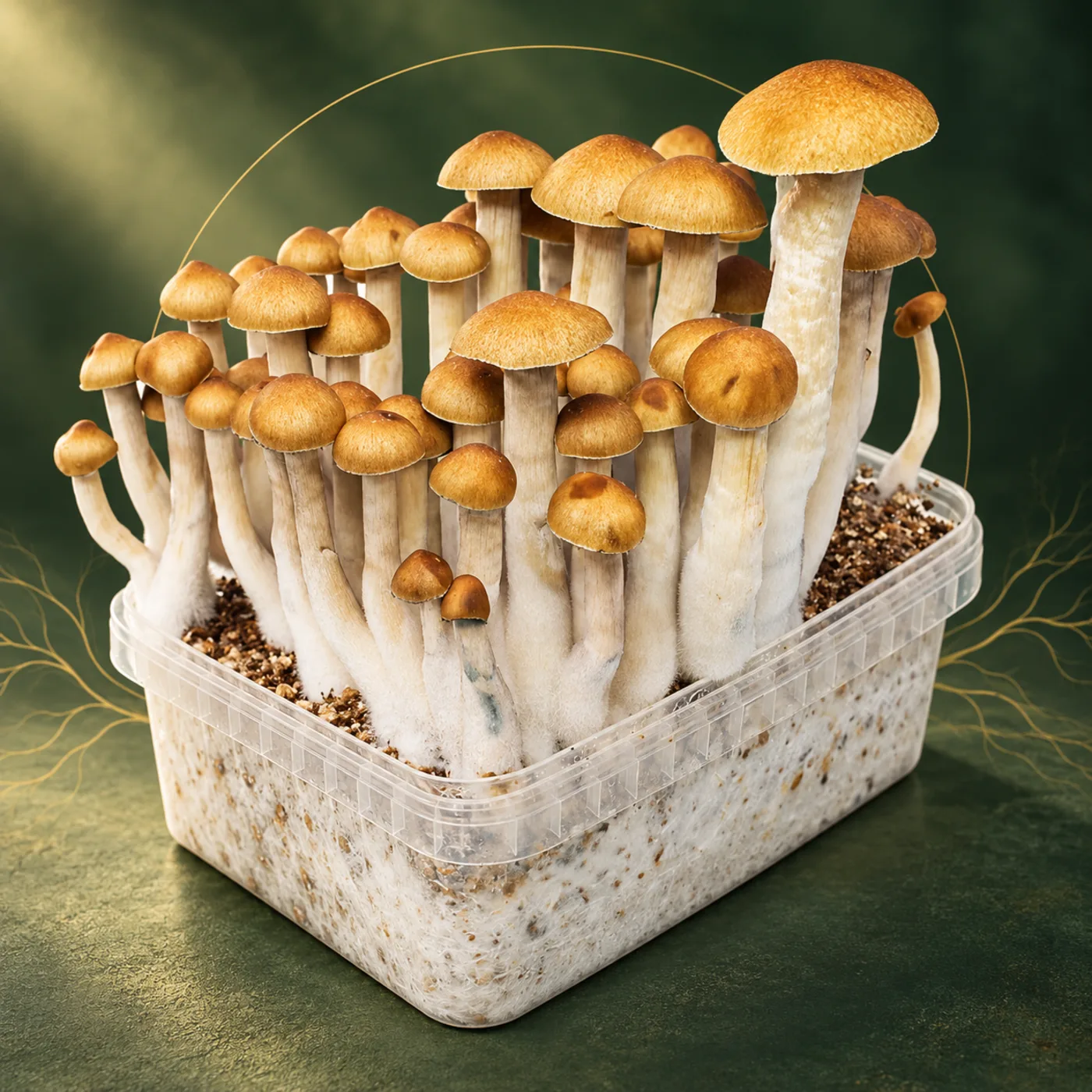 Real Golden Teacher mushrooms growing from a fully colonised grow kit